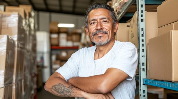 Middle aged Hispanic man in warehouse surrounded by shelves and boxes, logistics concept, AI Generated