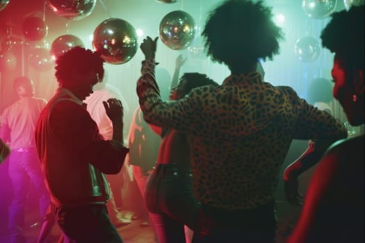 People dancing under disco balls with colorful lights and vibrant nightlife, AI generated