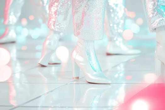 Group of disco dancers wearing pink silver pants and white sneakers, concept fashion, AI Generated