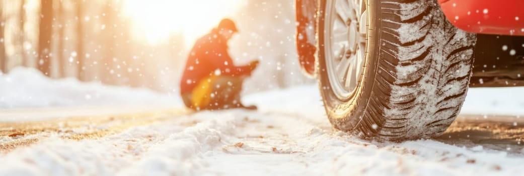 Worker in warm clothing changing a car tire on snowy winter day, concept of winter maintenance, roadside assistance, AI Generated