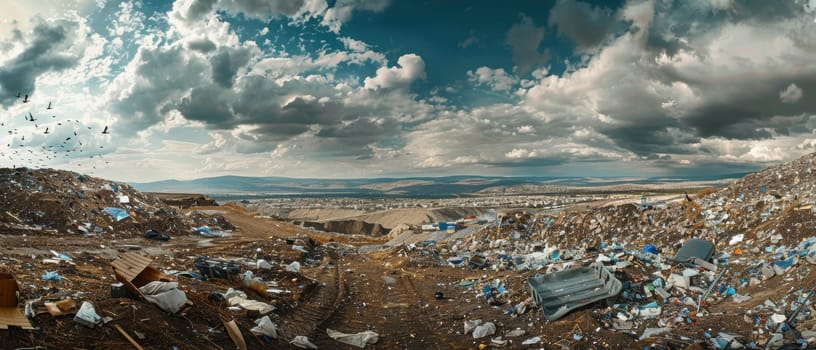 A panoramic view of an immense waste site, with mountains of garbage and debris covering the landscape, surrounded by a cloudy, ominous sky and flocks of birds circling above