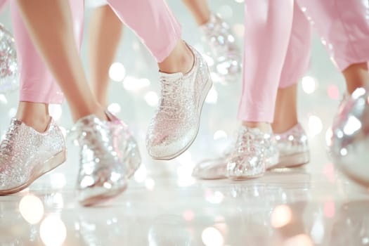 Group of disco dancers wearing pink silver pants and white sneakers, concept fashion, AI Generated