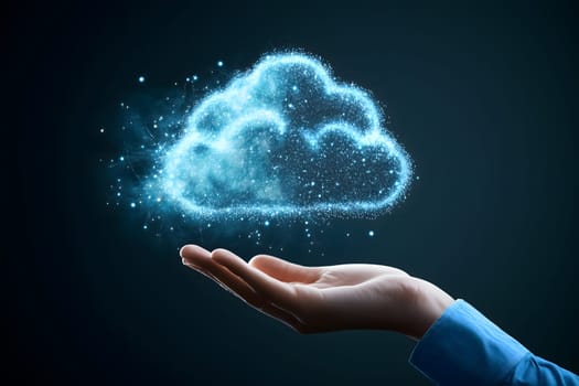 A hand reaches out to a floating digital cloud, symbolizing effortless cloud computing and instant data storage, right at your fingertips for a smarter future. AI generated image