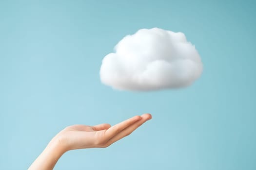 A hand reaches out to a floating digital cloud, symbolizing effortless cloud computing and instant data storage, right at your fingertips for a smarter future. AI generated image