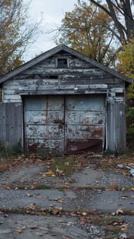 A heavily weathered and decaying wooden warehouse structure, its worn exterior contrasting with the lush, verdant foliage surrounding it