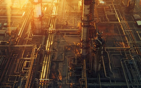 A mesmerizing, almost musical composition of industrial elements - pipes, vents, valves, and machinery - bathed in a warm, golden glow, creating a hypnotic and awe-inspiring technological landscape