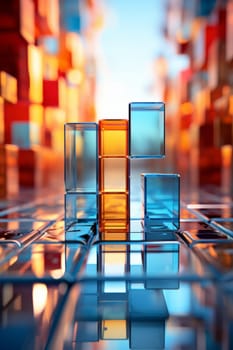 Abstract background of reflective neon purple, blue and orange glass cubes with copy space, AI generated