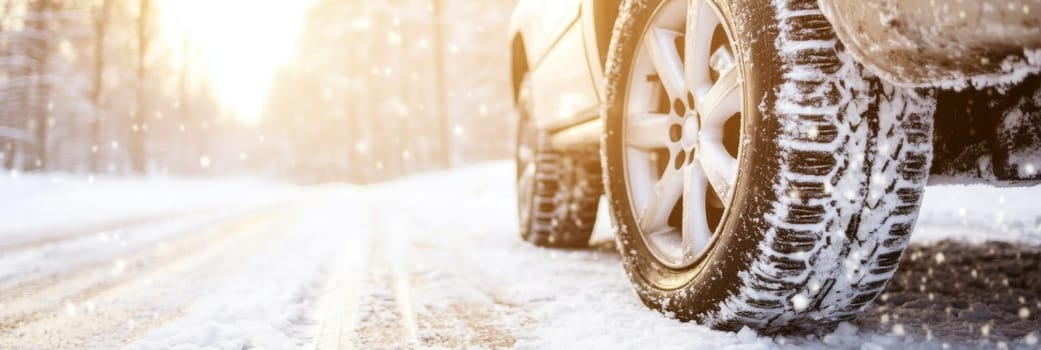 Car on snowy forest road with sunlight, winter tires replacing service concept, copy space banner background, AI Generated