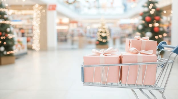 Shopping cart filled with wrapped gifts in Christmas, New Year festive store background, Black Friday sale, AI Generated
