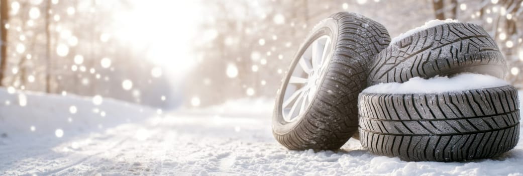Car tires on snowy forest road with sunlight, winter tires replacing service concept, copy space banner background, AI generated