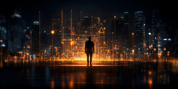 a person overlooks a futuristic city with financial data projections, symbolizing innovation and the rise of digital banking in a tech-driven world. AI generated image