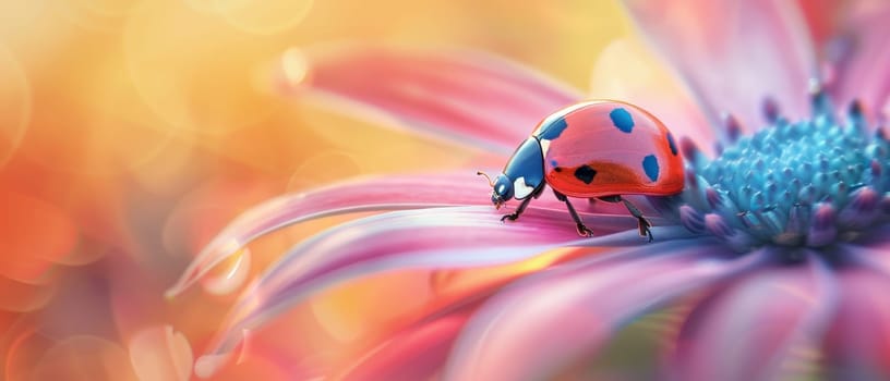 A ladybug clings to a stalk of lush, vibrantly colored foliage, creating a striking visual contrast and showcasing the natural beauty of the insect and its surroundings