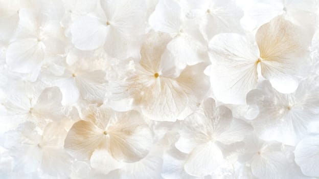 White hydrangea petals create an elegant natural floral background, AI generated
