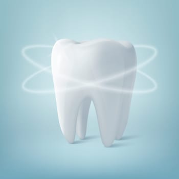 Vector 3D Realistic Healthy Shining Tooth Isolated on Blue Background. Dental Care Concept. Medical Design Template, Clipart, Mockup. Dentistry, Healthcare, Oral Hygiene Illustration.