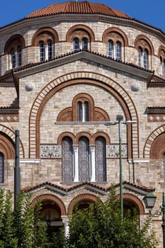 Athens, Piraeus, Greece - October 18, 2022: Facade of Hagia Triada Cathedral in Neo-Byzantine style, Holy Trinity Greek Orthodox church