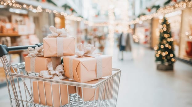 Shopping cart filled with wrapped gifts in Christmas, New Year festive store background, Black Friday sale, AI Generated