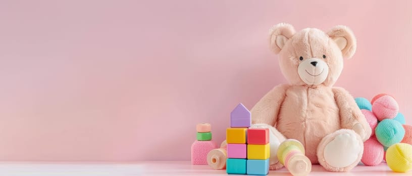 A wide-angle view of a pink teddy bear with a friendly smile, accompanied by educational toys on a gentle pink surface