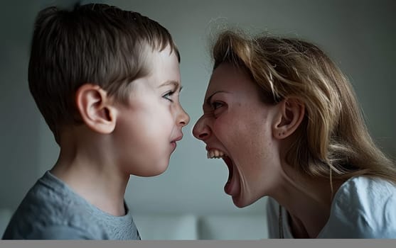 A close-up captures an intense interaction between a boy and a woman, their faces inches apart as they engage in a passionate shouting match