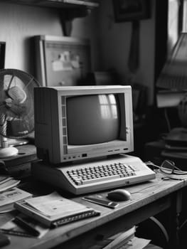 A vintage computer system occupies a well-used desk, its screen reflecting a moment frozen in time. The black and white image adds a timeless quality to the technology of yesteryear