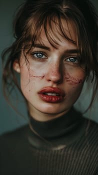 A woman's face, marked by tears and the remnants of violence, stares back hauntingly. Her eyes, watery and resolute, echo the emotional turmoil and bravery within