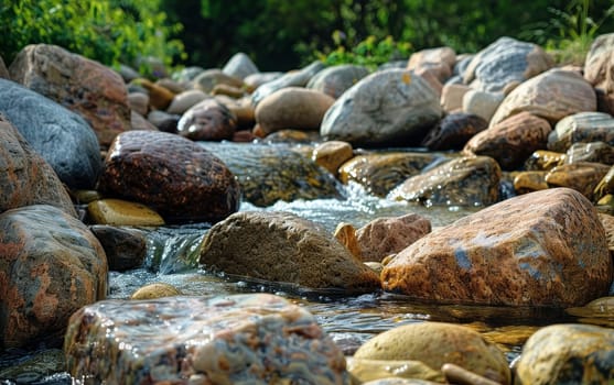 Water gently flows over an assortment of colorful river rocks, nestled in a lush green setting. The image conveys the peaceful flow of nature and the quiet strength of the earth