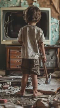 A young child gazes at a broken vintage television, hammer in hand, amidst a disheveled room. The image tells a story of child's play turning into a lesson