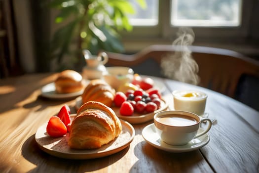 A warm breakfast setup featuring croissants, fresh berries, and a steaming cup of coffee on a rustic wooden table bathed in natural sunlight. Perfect for morning or brunch themes.