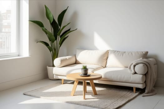A serene, minimalistic living room featuring a white sofa, a green plant, and a wooden coffee table, all bathed in soft natural light. Perfect for modern home and interior design themes.