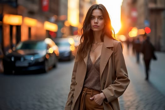 Fashionable young woman with long hair, wearing a beige coat, standing confidently on a city street at sunset. Ideal for urban lifestyle and fashion themes
