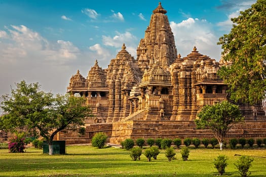 Famous indian Madhya Pradesh tourist landmark - Kandariya Mahadev Temple, Khajuraho, India. Unesco World Heritage Site