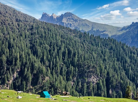 Camp tent in Himalayas mountains. Himachal Pradesh, India