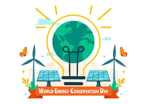 World Energy Conservation Day Vector Illustration the importance of Saving the Planet with a Green and Eco Friendly, featuring a Lamp and Earth
