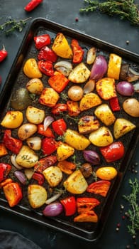 a rustic baking sheet filled with freshly roasted vegetables, including colorful peppers, onions, potatoes, zucchini and whole garlic cloves. Ai generative.