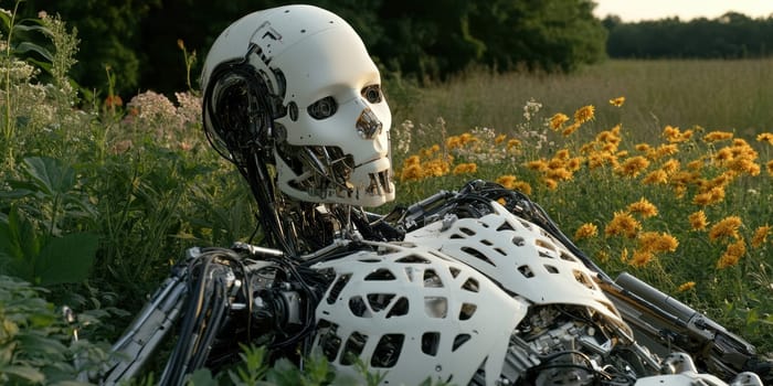 a robot, the robot lies on a green meadow with flowers. AI generative.