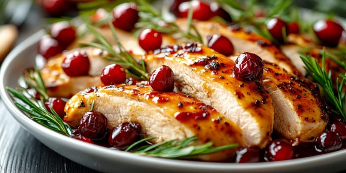 Sweet and spicy chicken with cranberries. AI generative.