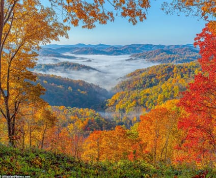 sunlight casting over foggy mountains and an autumn forest. AI generative.