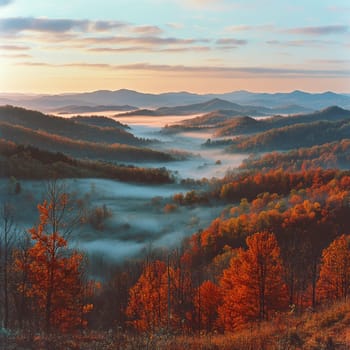 sunlight casting over foggy mountains and an autumn forest. AI generative.