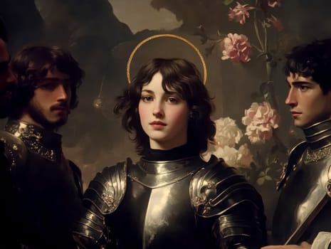 Joan of Arc, set against a dark background adorned with subtle flowers.  AI generative.