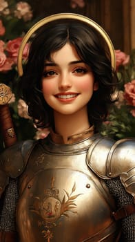 Joan of Arc, set against a dark background adorned with subtle flowers.  AI generative.