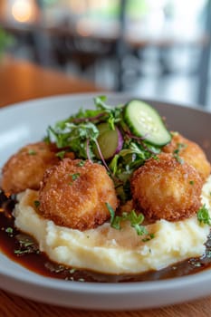 fried meatballs served with creamy mashed potatoes and a fresh green salad. AI generative.