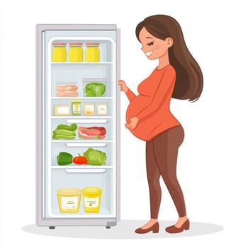 A pregnant woman is opening the refrigerator. AI generative.
