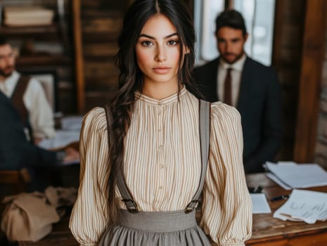 a vintage woman with black hair posing in front of a desk in an office,. AI generative.