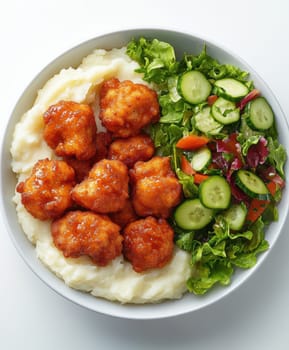 fried meatballs served with creamy mashed potatoes and a fresh green salad. AI generative.