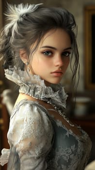 elegant woman from the Victorian era standing in a richly decorated parlor. AI generative.