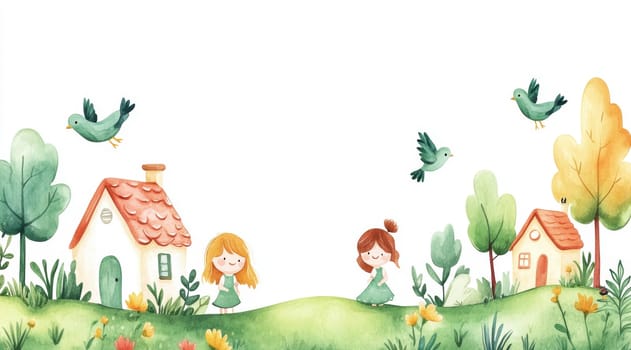 Little girls playing in the garden,in the sky birds and in the distance you can see the house.AI generative.