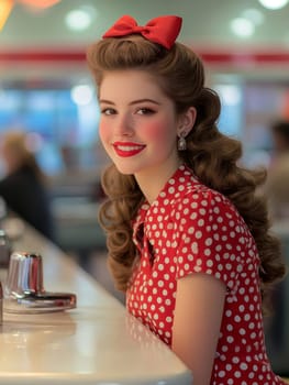 A beautiful woman sits at the counter of an American restaurant. Stylized from1940s - 1950s. AI generative.