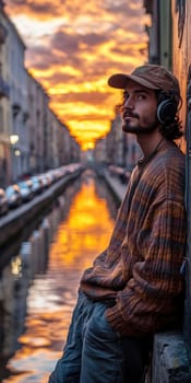 A young man leaning against a wall near the canals, wearing an oversized sweater and a baseball cap, listening to music through his vintage headphones. AI generative.