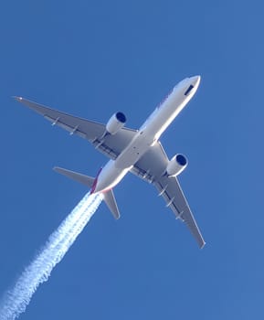 Condensation trails of a flying jet. AI generative.