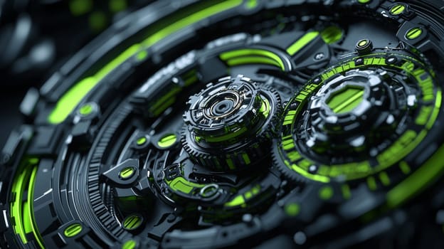 A hyper-detailed 3D rendering of an abstract green and black mechanical background. This high-resolution image showcases intricate textures, sharp contrasts, and a futuristic aesthetic with precise detailing.