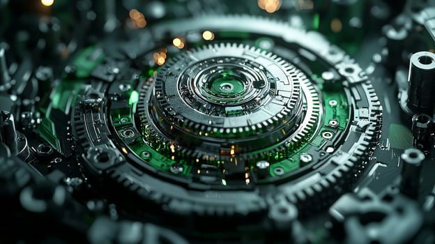 A hyper-detailed 3D rendering of an abstract green and black mechanical background. This high-resolution image showcases intricate textures, sharp contrasts, and a futuristic aesthetic with precise detailing.